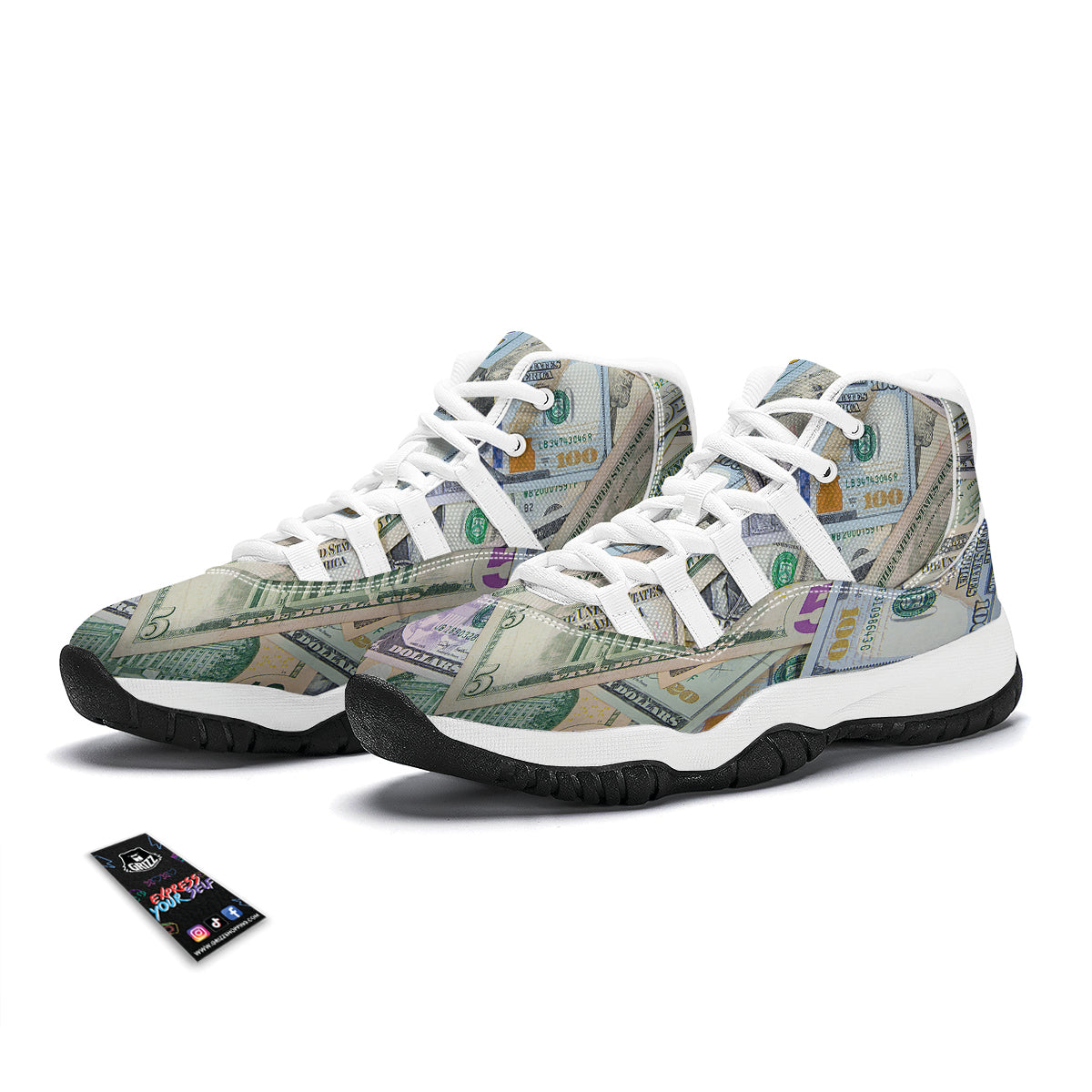 US Dollar Print White Bball Shoes-grizzshop