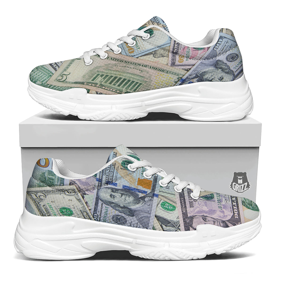 US Dollar Print White Chunky Shoes-grizzshop