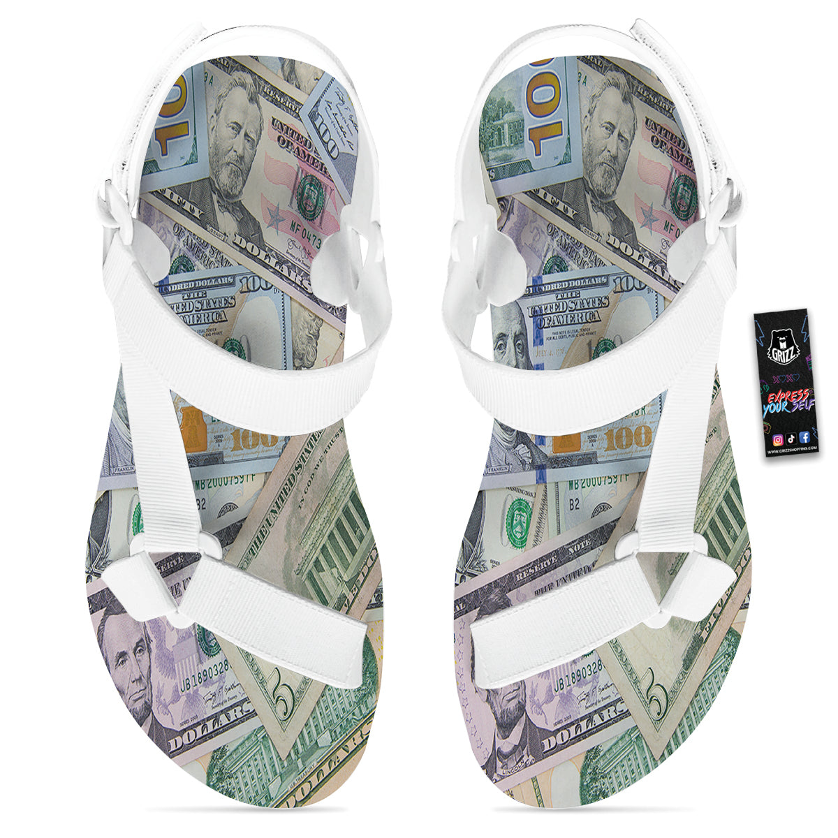 US Dollar Print White Open Toe Sandals-grizzshop
