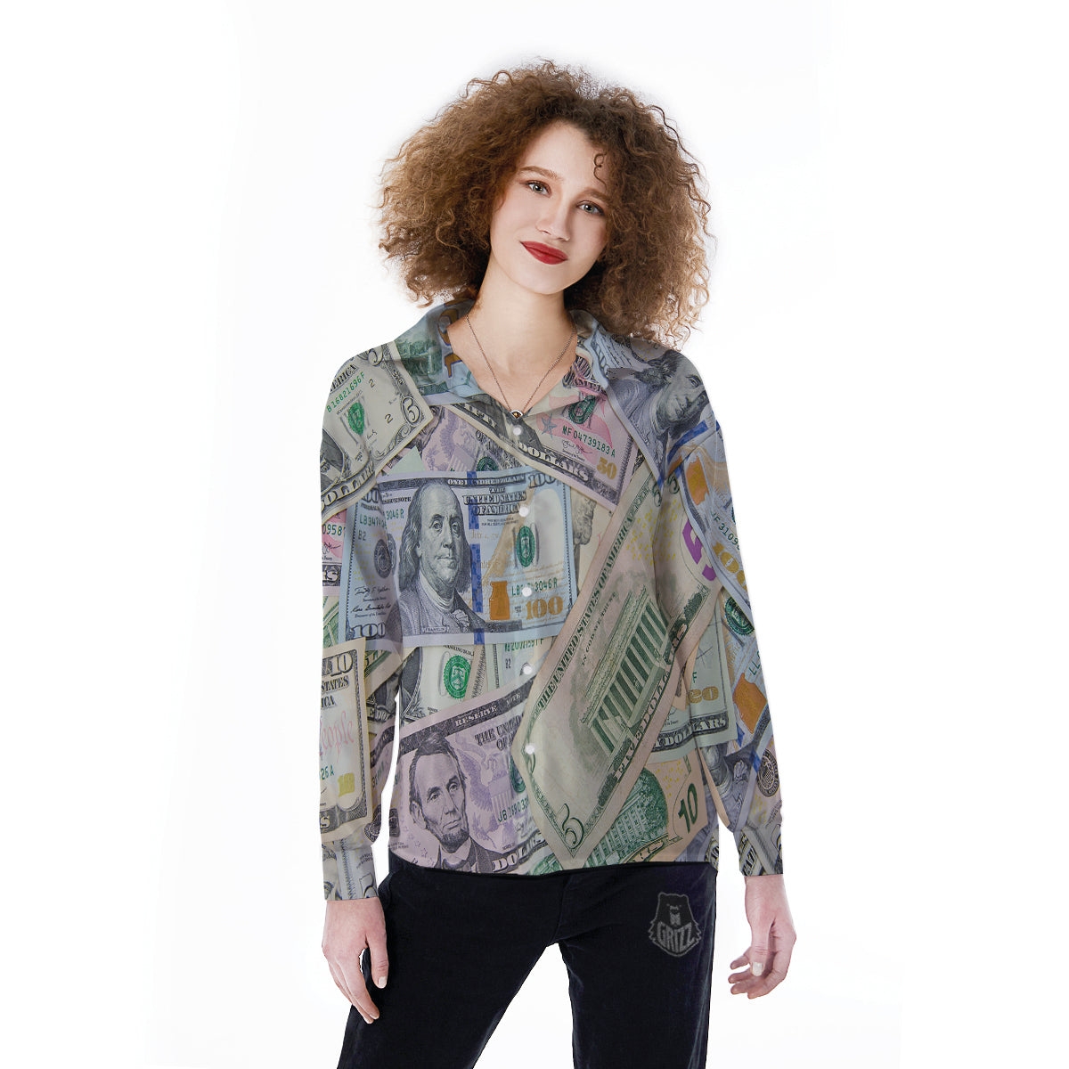 US Dollar Print Women's Long Sleeve Shirts-grizzshop