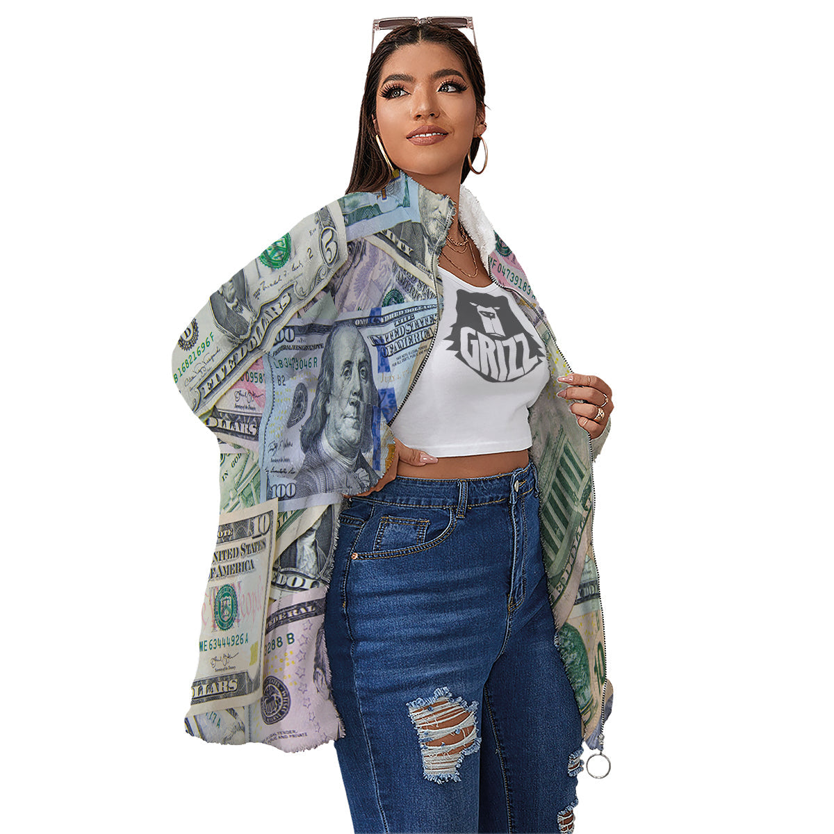 US Dollar Print Women's Sherpa Jacket-grizzshop