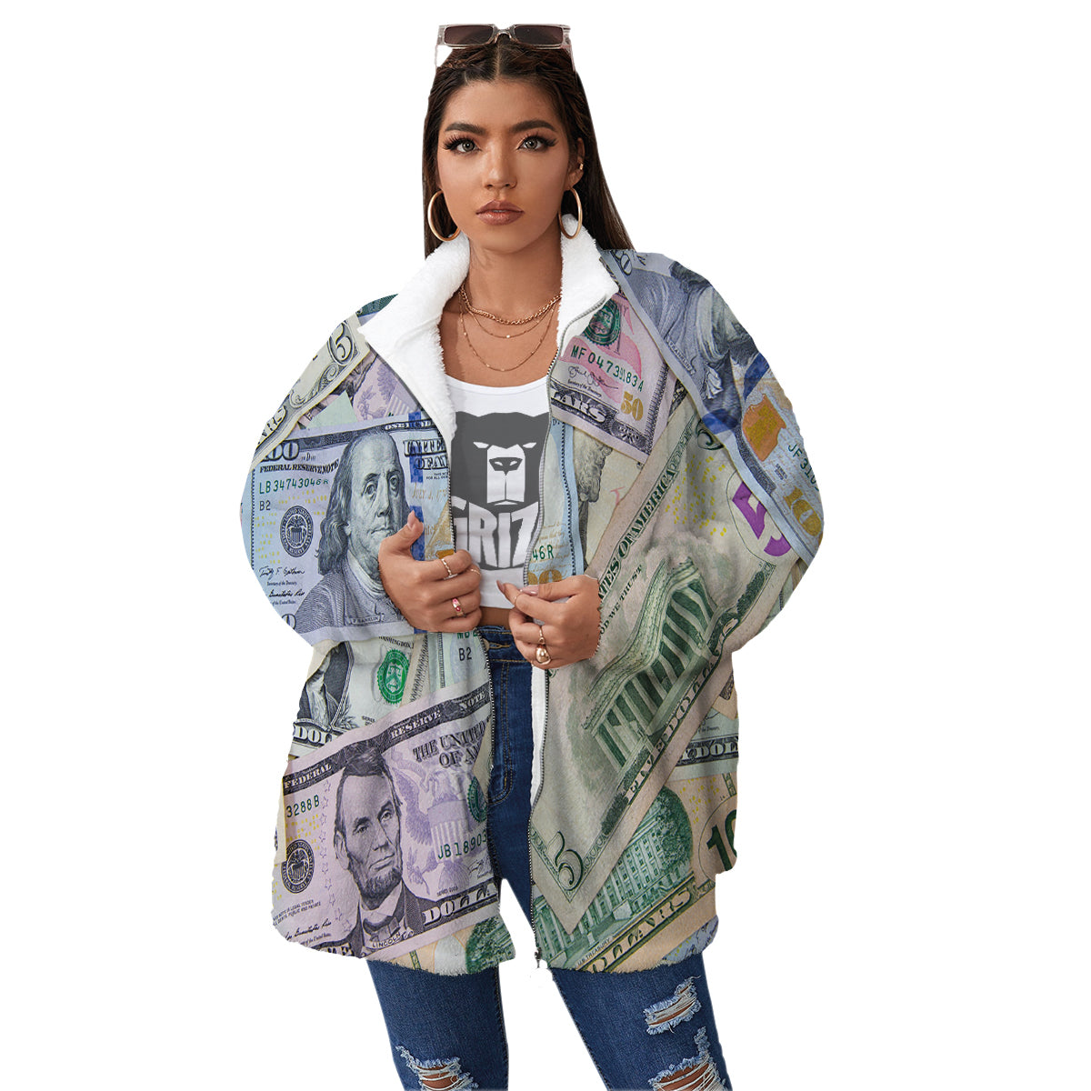 US Dollar Print Women's Sherpa Jacket-grizzshop