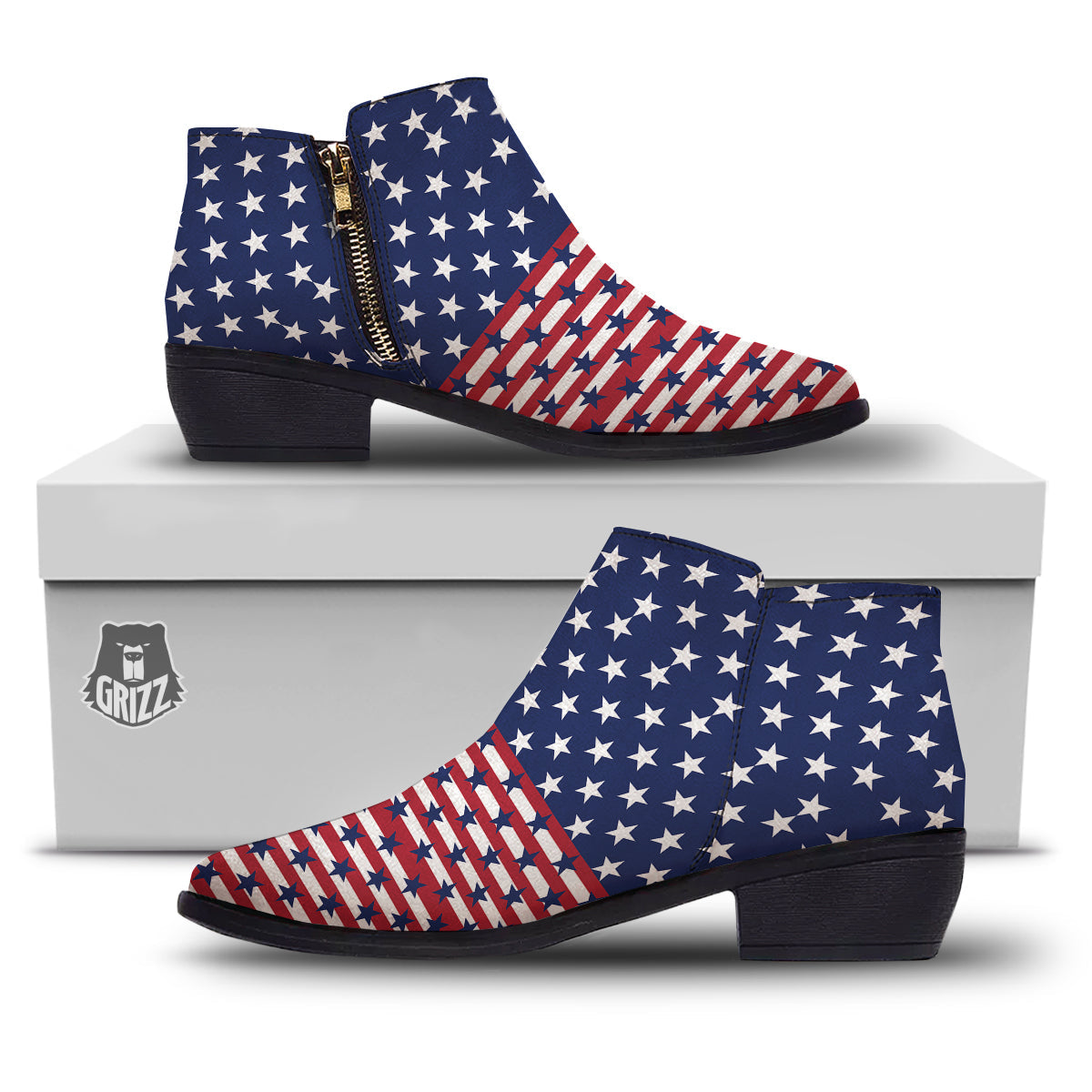 USA Blue And White Star Print Pattern Ankle Boots-grizzshop