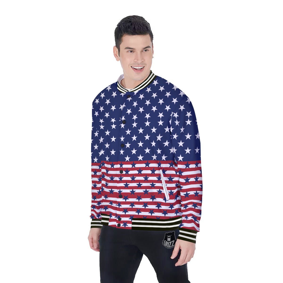 USA Blue And White Star Print Pattern Baseball Jacket-grizzshop