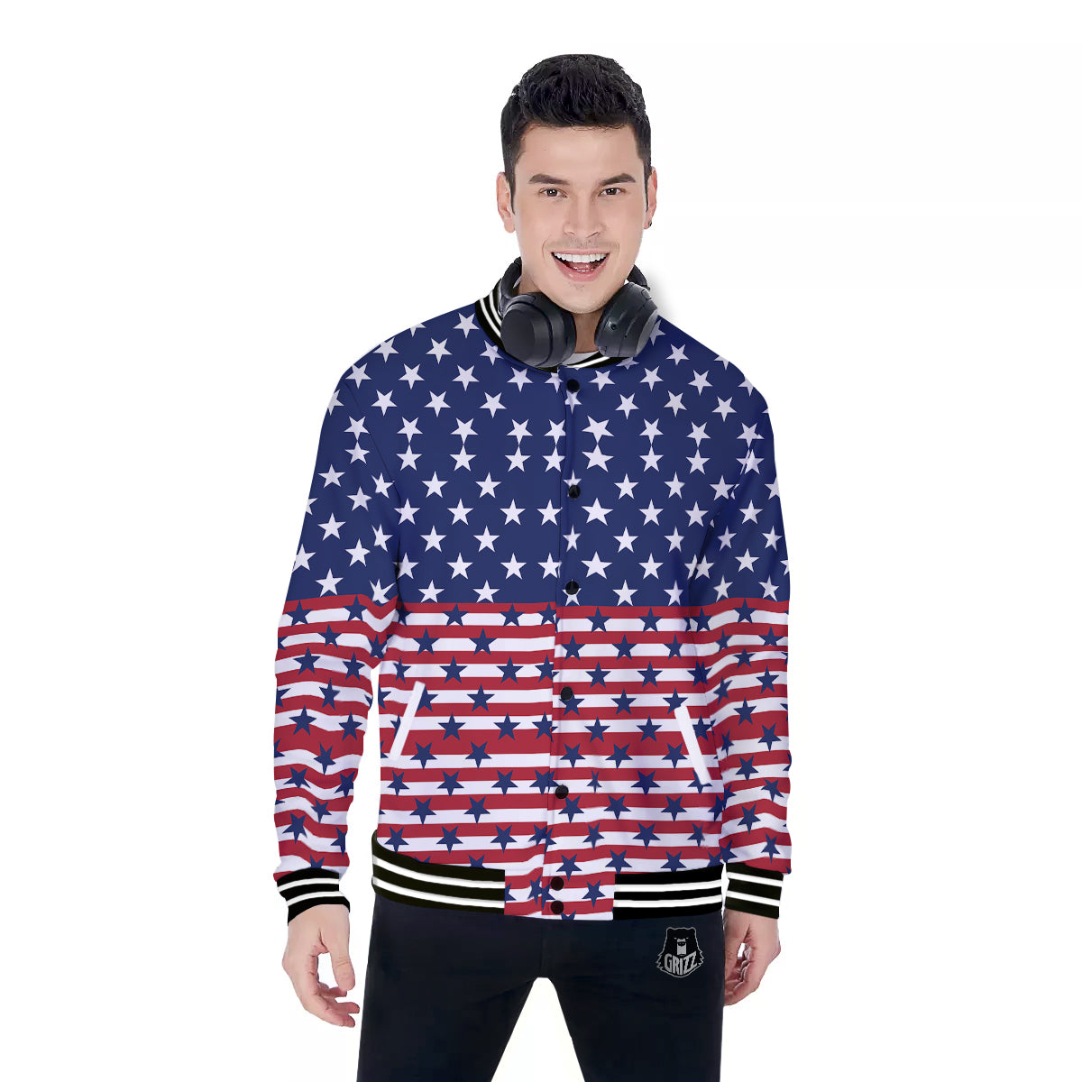 USA Blue And White Star Print Pattern Baseball Jacket-grizzshop