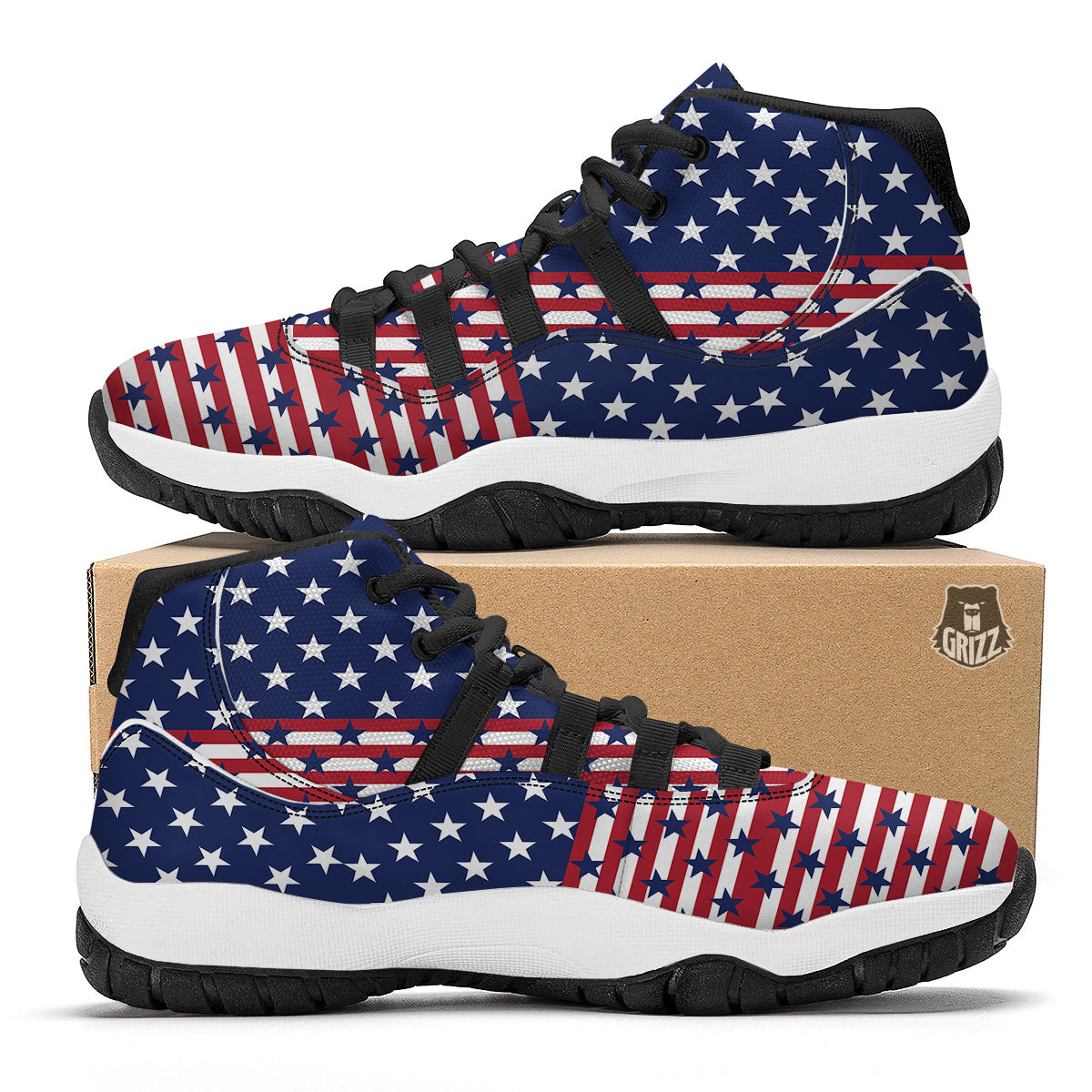 USA Blue And White Star Print Pattern Black Bball Shoes-grizzshop