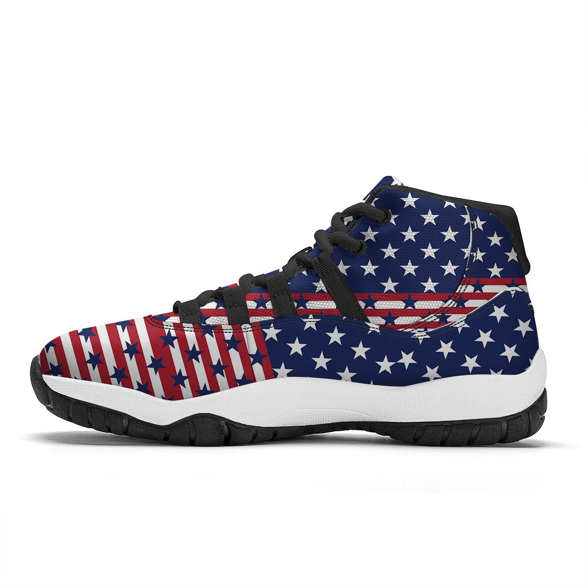 USA Blue And White Star Print Pattern Black Bball Shoes-grizzshop