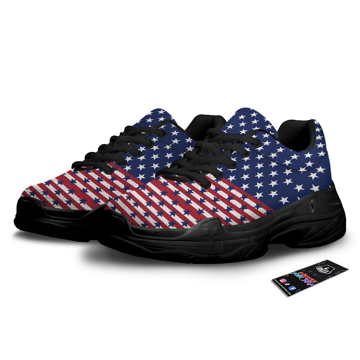 USA Blue And White Star Print Pattern Black Chunky Shoes-grizzshop