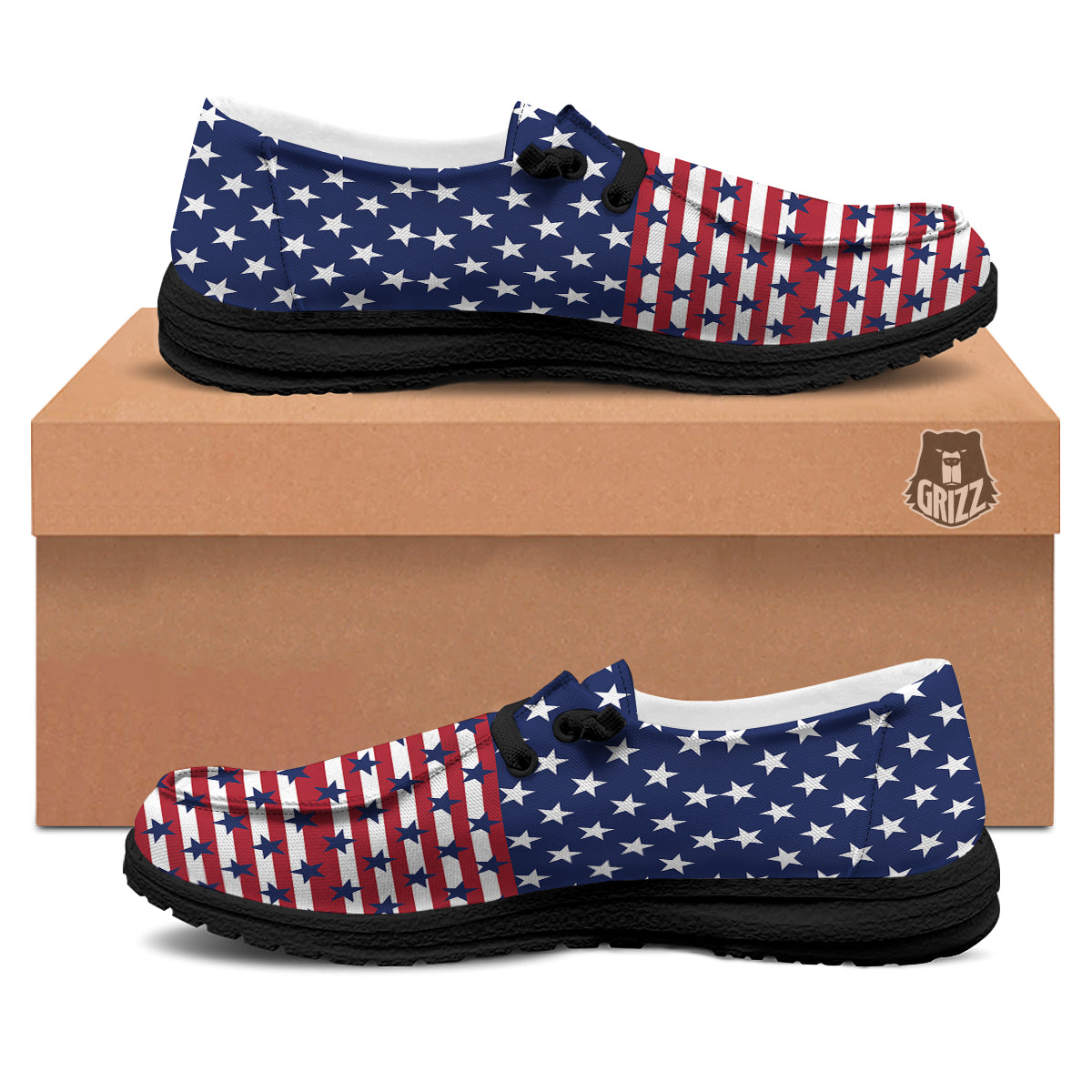 USA Blue And White Star Print Pattern Black Loafers-grizzshop