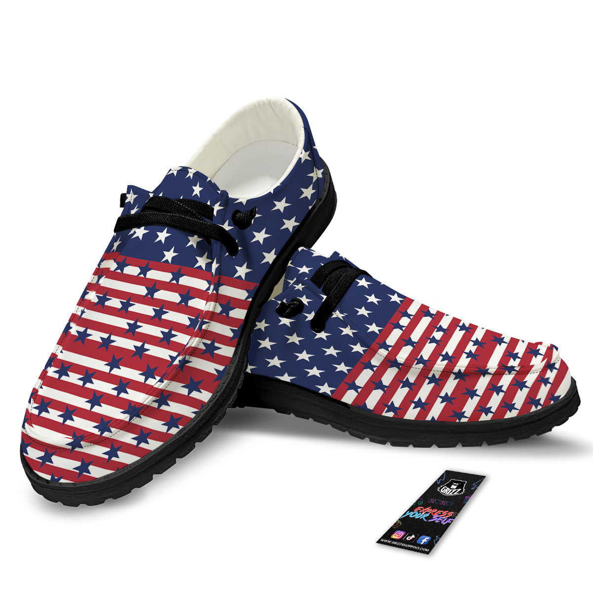 USA Blue And White Star Print Pattern Black Loafers-grizzshop