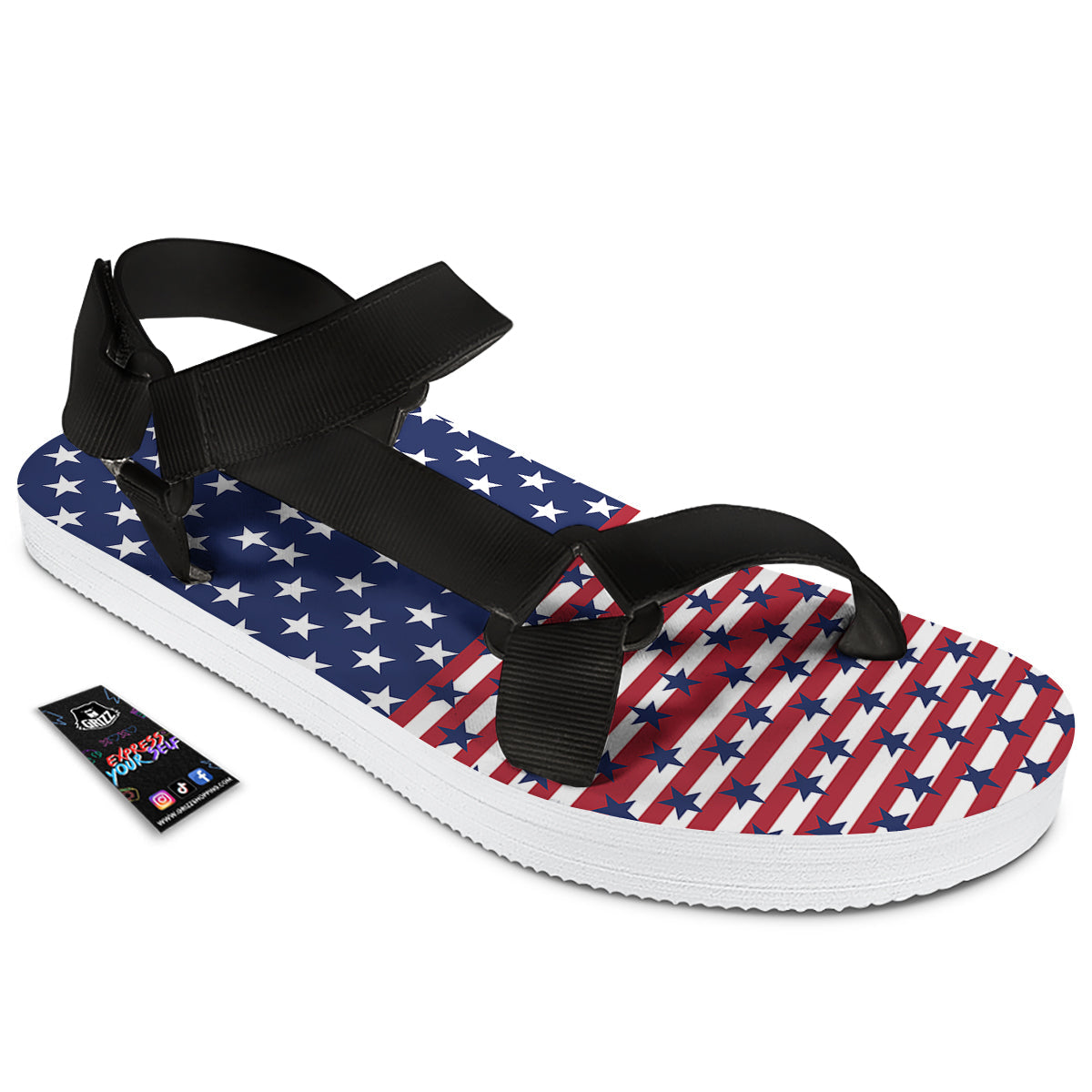 USA Blue And White Star Print Pattern Black Open Toe Sandals-grizzshop