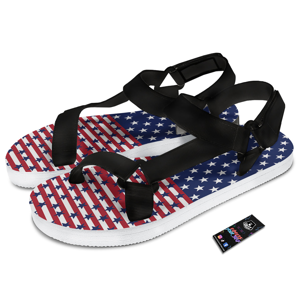 USA Blue And White Star Print Pattern Black Open Toe Sandals-grizzshop