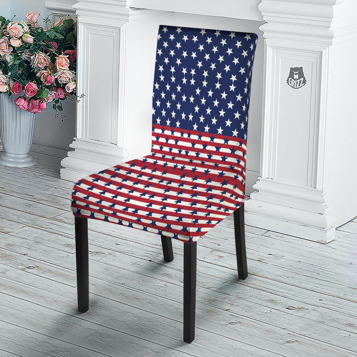 USA Blue And White Star Print Pattern Dining Chair Slipcover-grizzshop