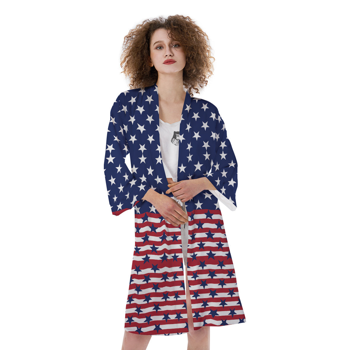 USA Blue And White Star Print Pattern Kimono-grizzshop