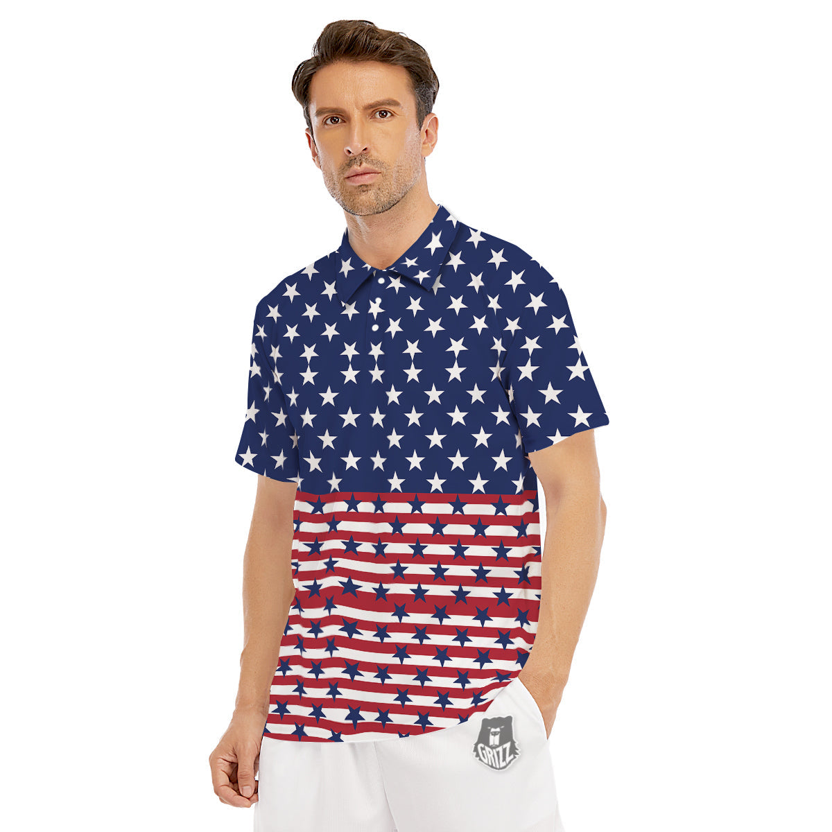 USA Blue And White Star Print Pattern Men's Golf Shirts-grizzshop