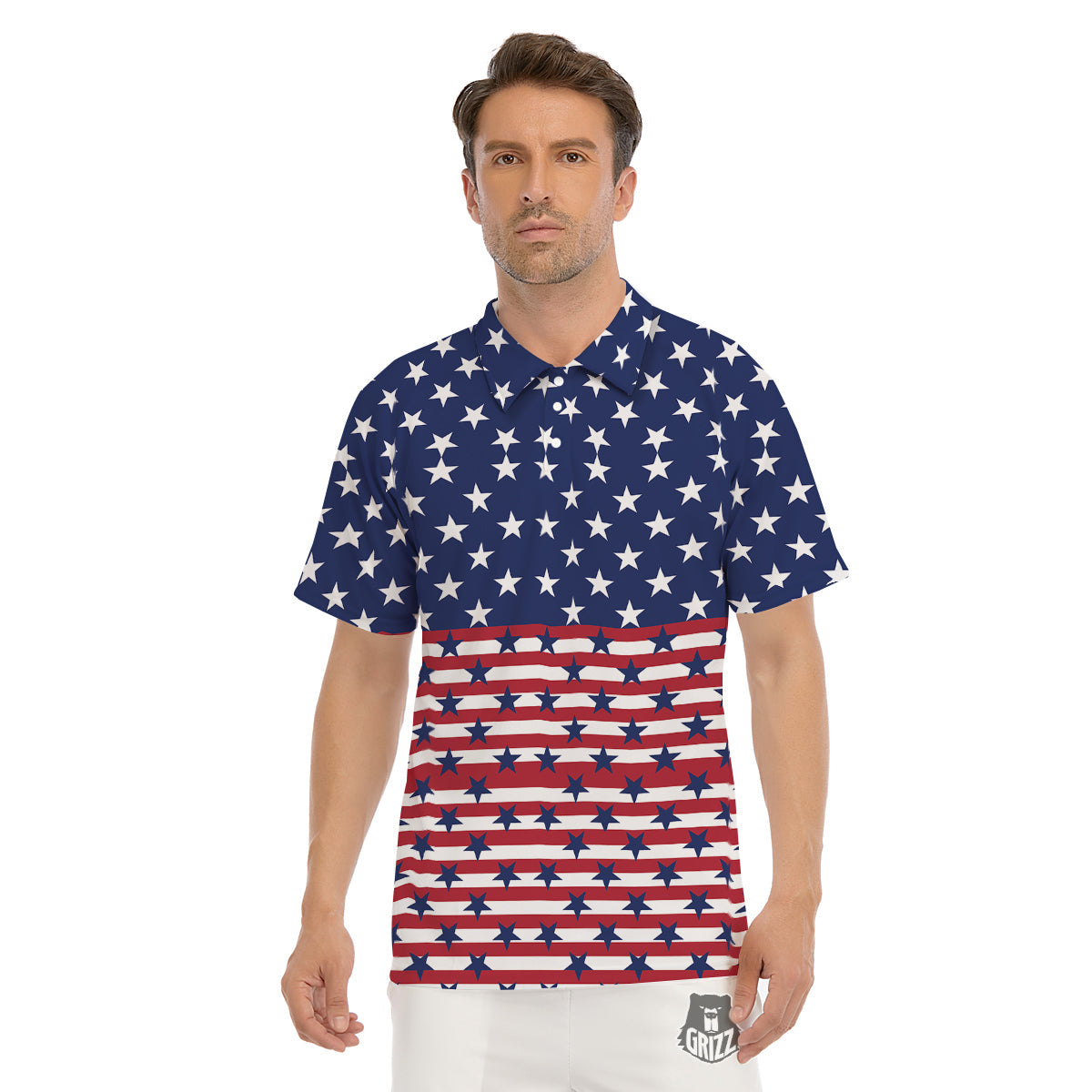 USA Blue And White Star Print Pattern Men's Golf Shirts-grizzshop