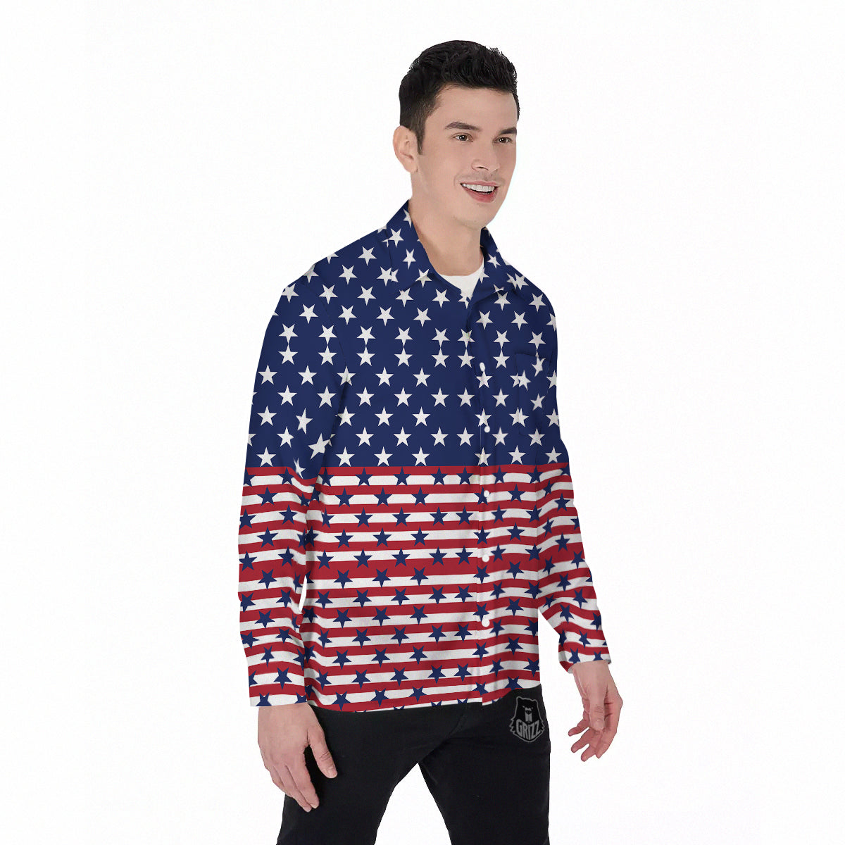 USA Blue And White Star Print Pattern Men's Long Sleeve Shirts-grizzshop