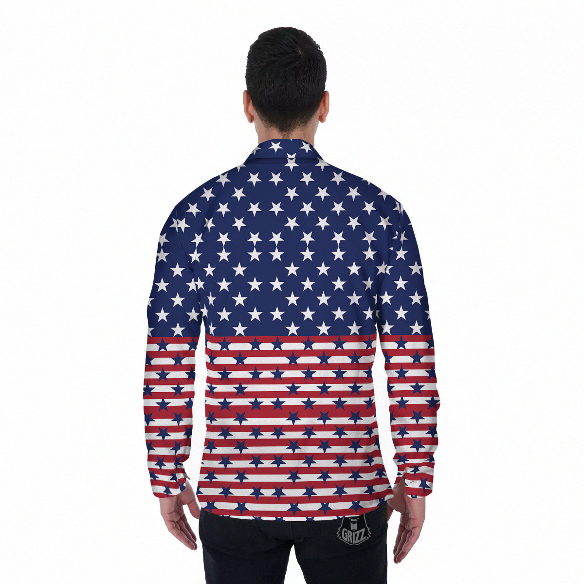 USA Blue And White Star Print Pattern Men's Long Sleeve Shirts-grizzshop