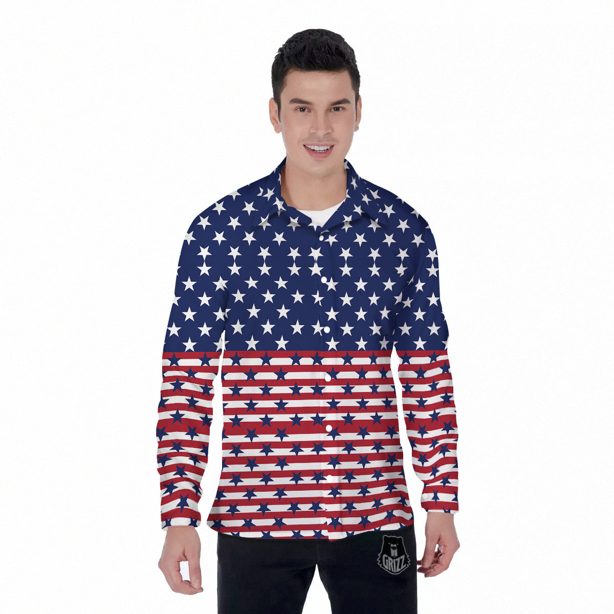 USA Blue And White Star Print Pattern Men's Long Sleeve Shirts-grizzshop