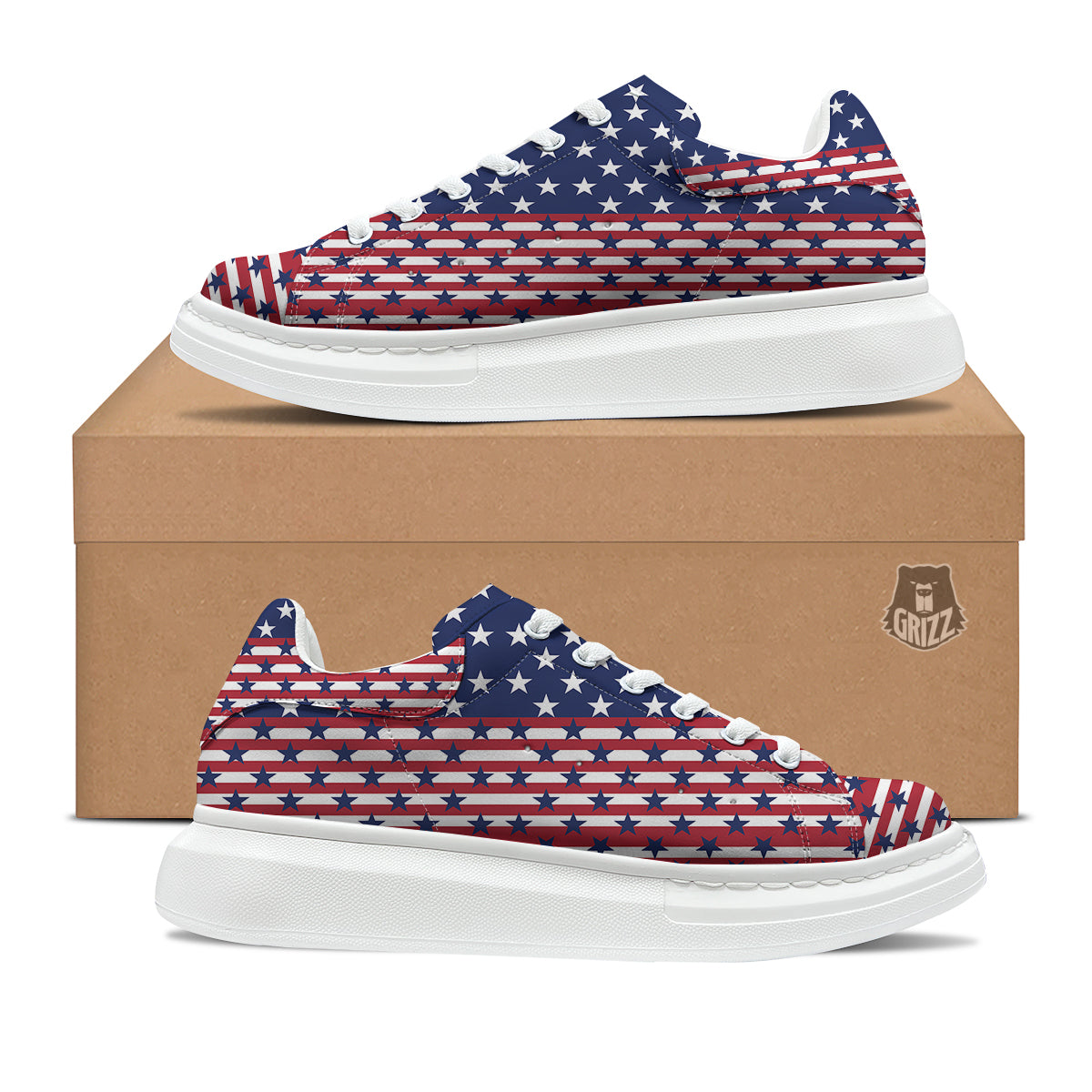 USA Blue And White Star Print Pattern Platform Shoes-grizzshop