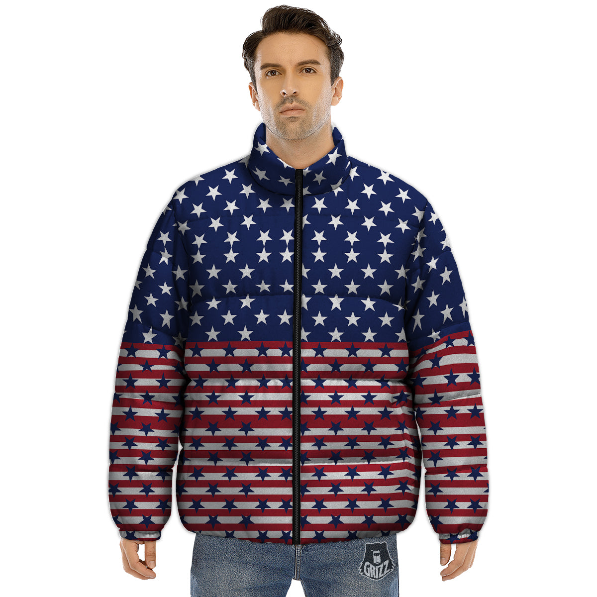 USA Blue And White Star Print Pattern Puffer Jacket-grizzshop