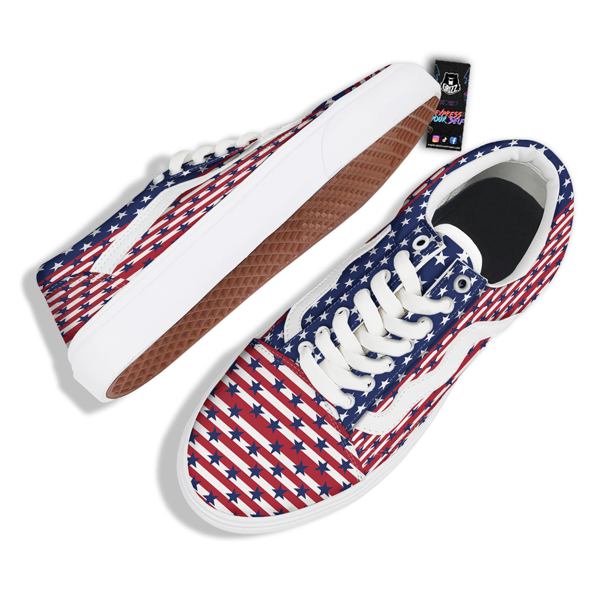 USA Blue And White Star Print Pattern Skate Shoes-grizzshop