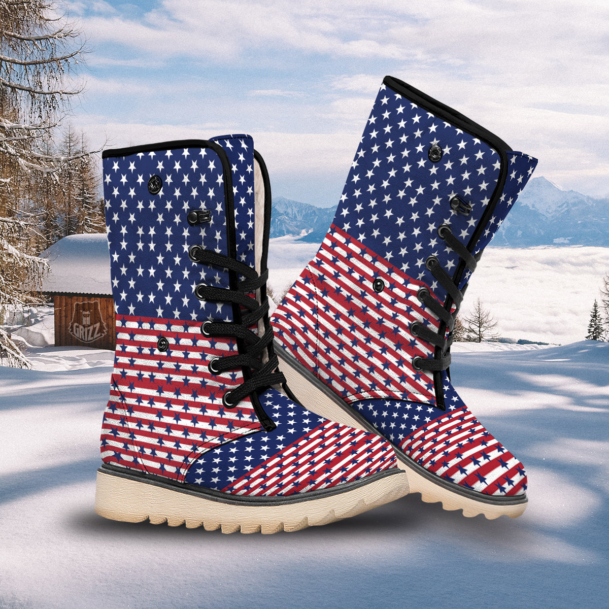 USA Blue And White Star Print Pattern Snow Boots-grizzshop