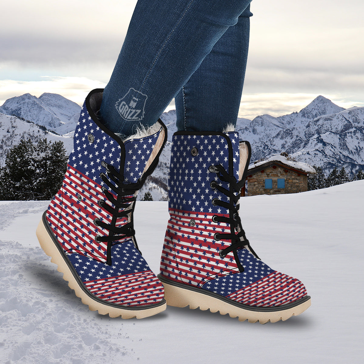 USA Blue And White Star Print Pattern Snow Boots-grizzshop