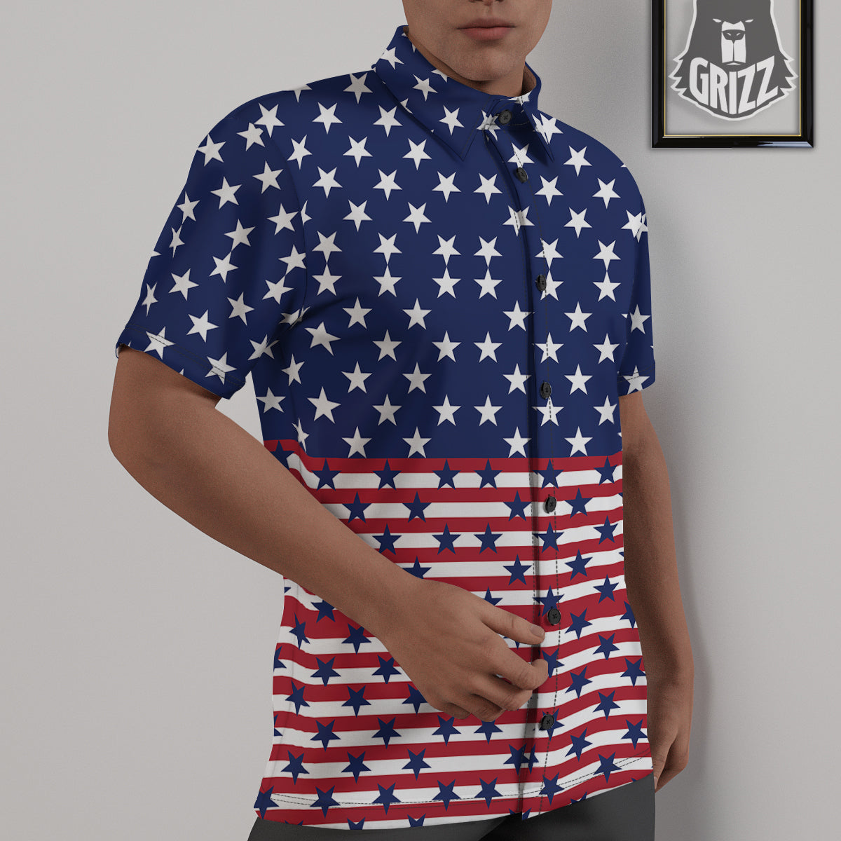 USA Blue And White Star Print Pattern Untucked Shirts-grizzshop