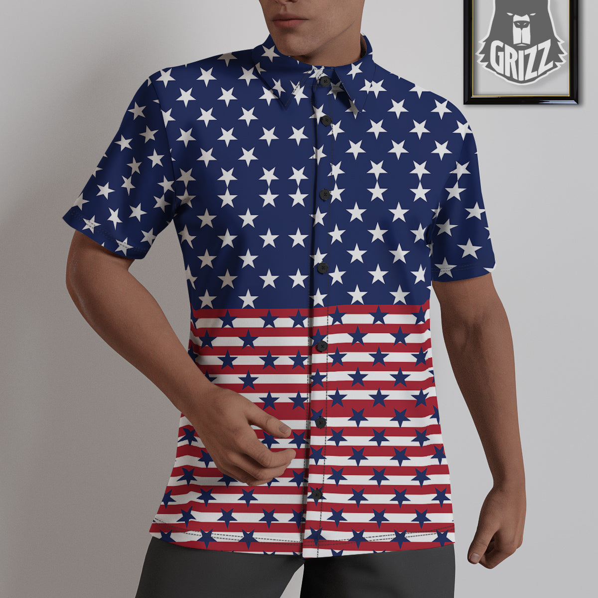 USA Blue And White Star Print Pattern Untucked Shirts-grizzshop
