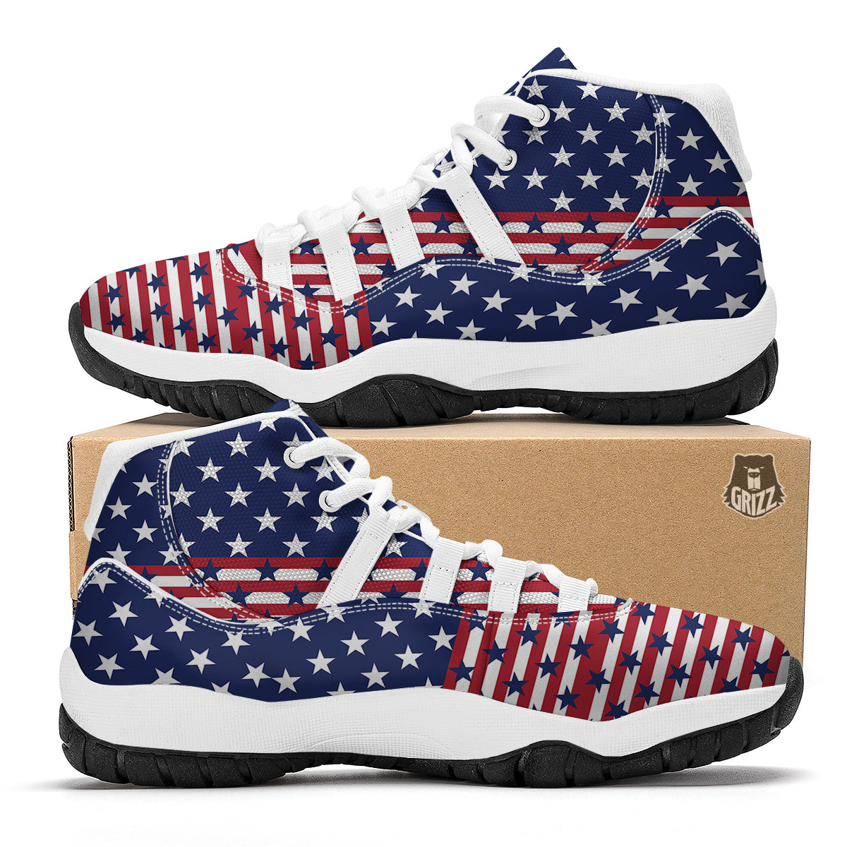 USA Blue And White Star Print Pattern White Bball Shoes-grizzshop