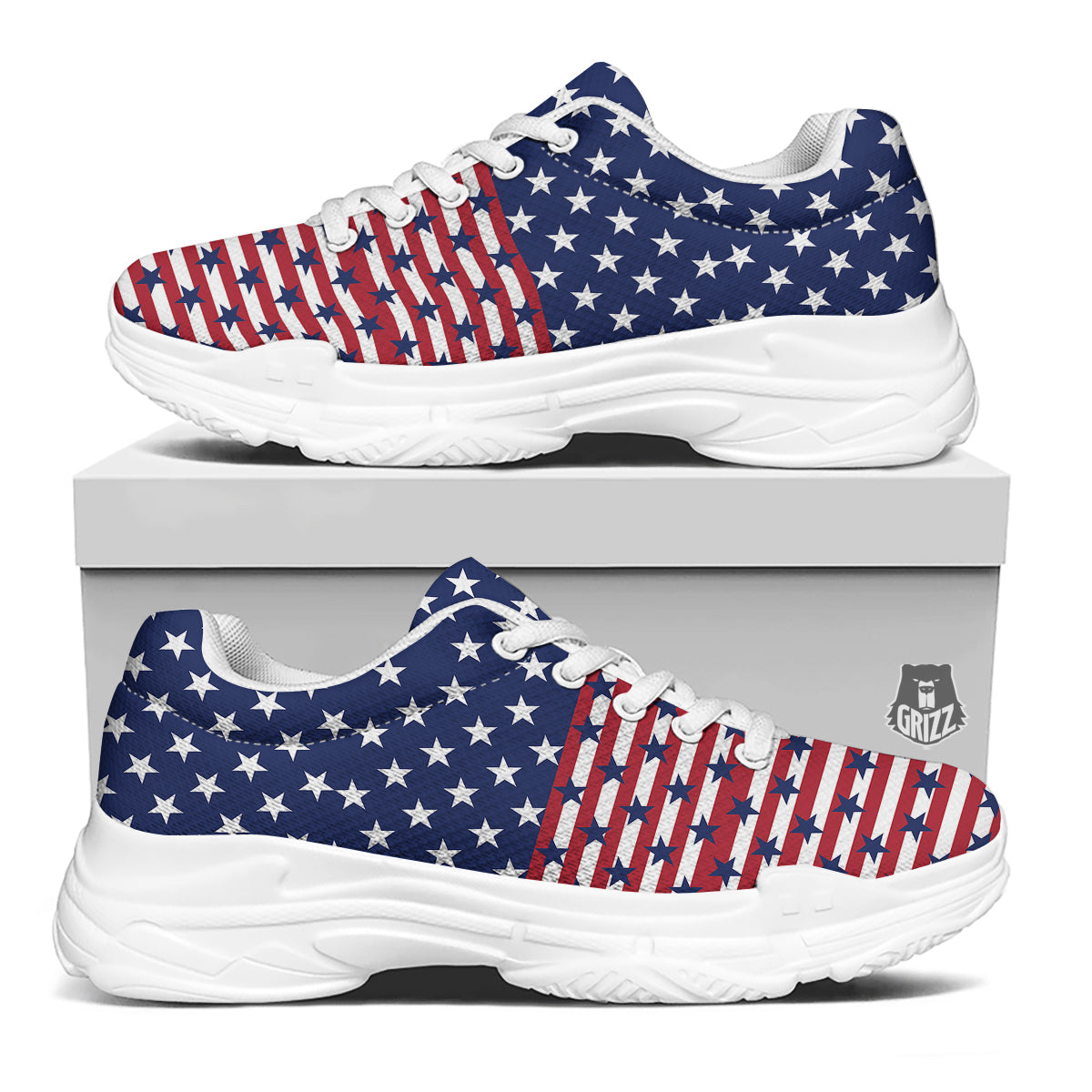 USA Blue And White Star Print Pattern White Chunky Shoes-grizzshop