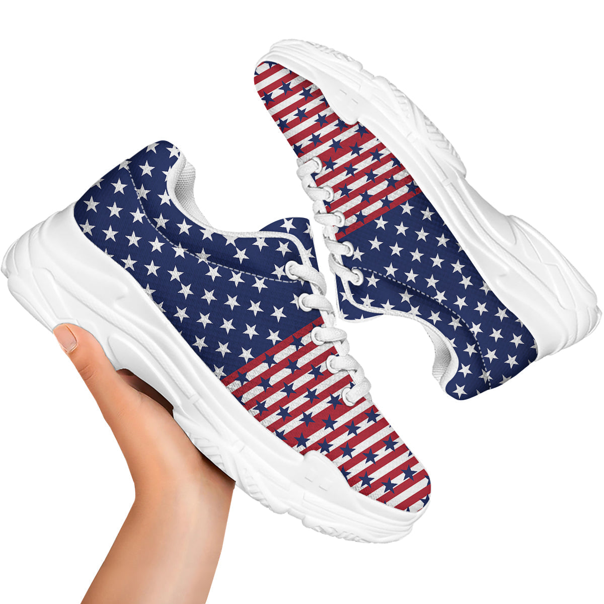 USA Blue And White Star Print Pattern White Chunky Shoes-grizzshop