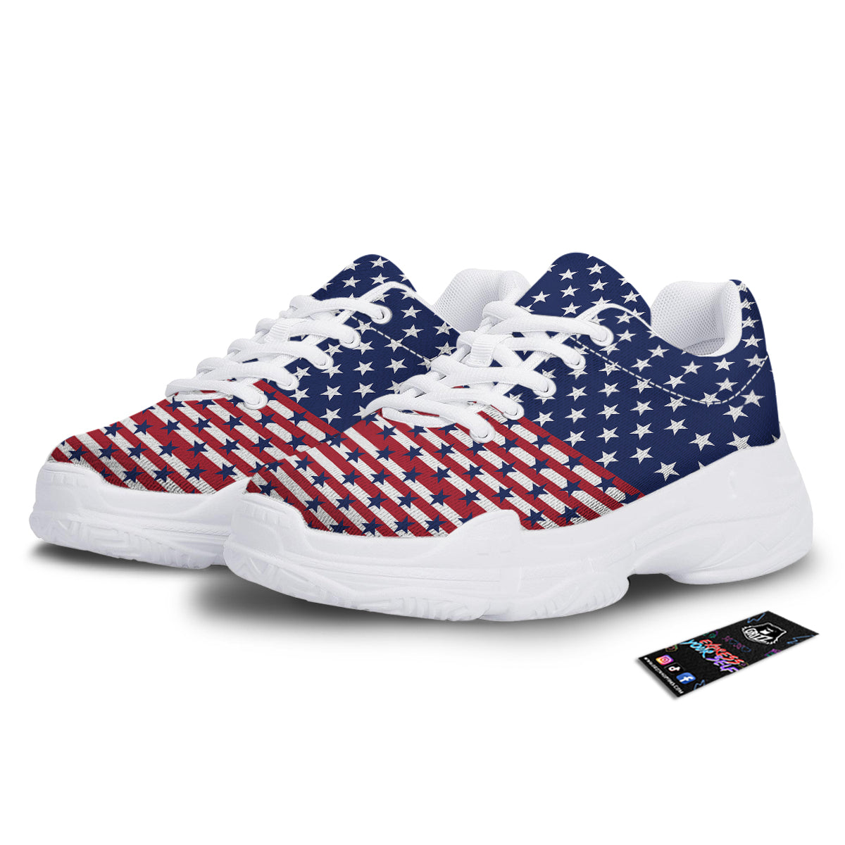 USA Blue And White Star Print Pattern White Chunky Shoes-grizzshop