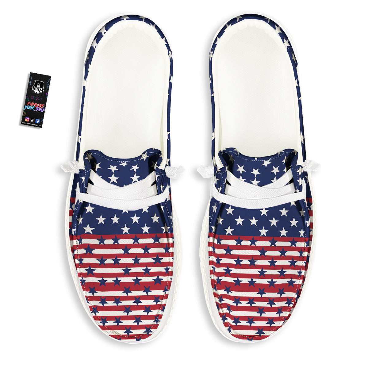 USA Blue And White Star Print Pattern White Loafers-grizzshop