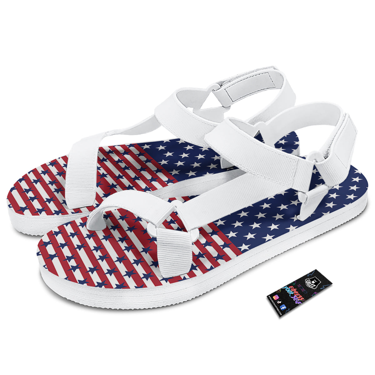 USA Blue And White Star Print Pattern White Open Toe Sandals-grizzshop