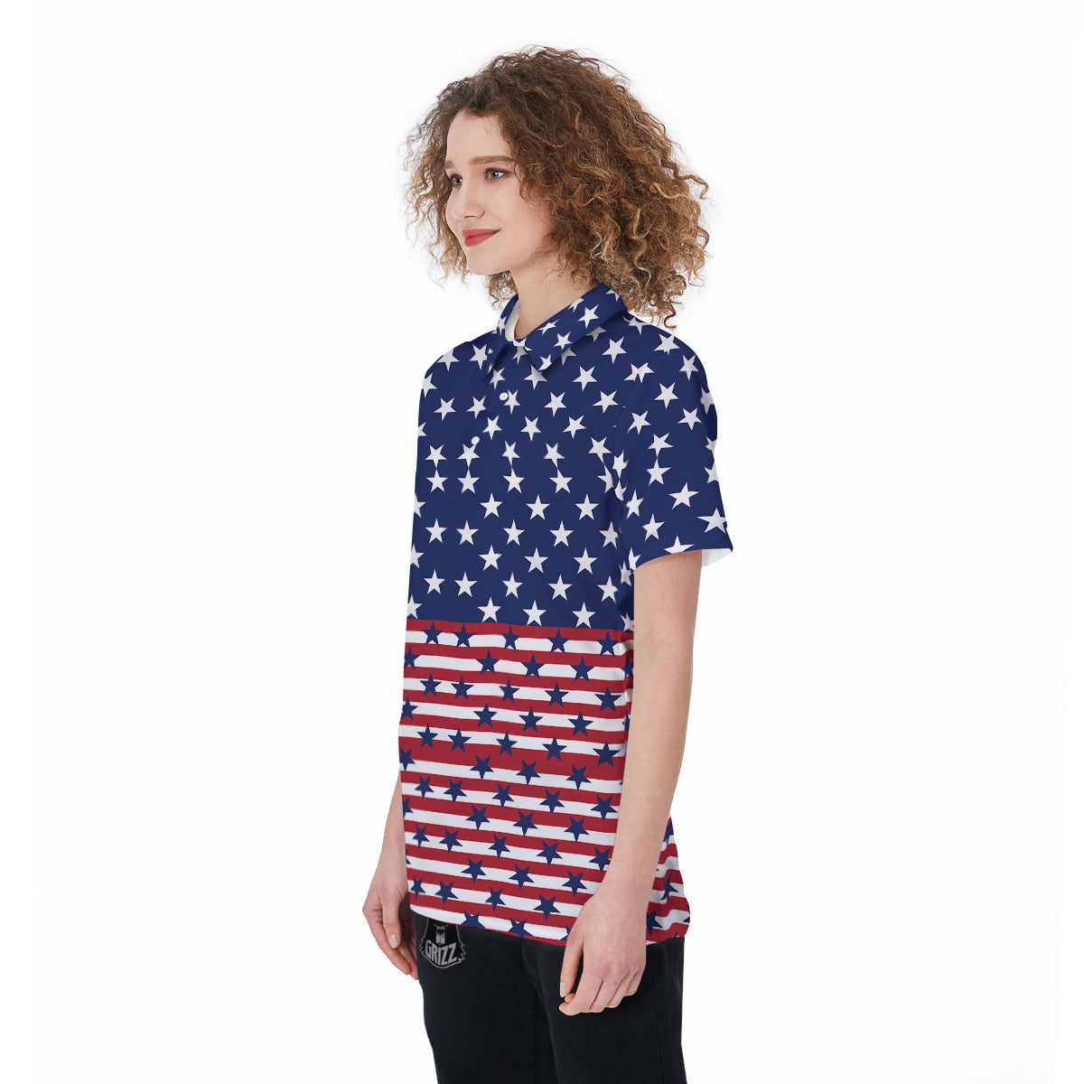 USA Blue And White Star Print Pattern Women's Golf Shirts-grizzshop