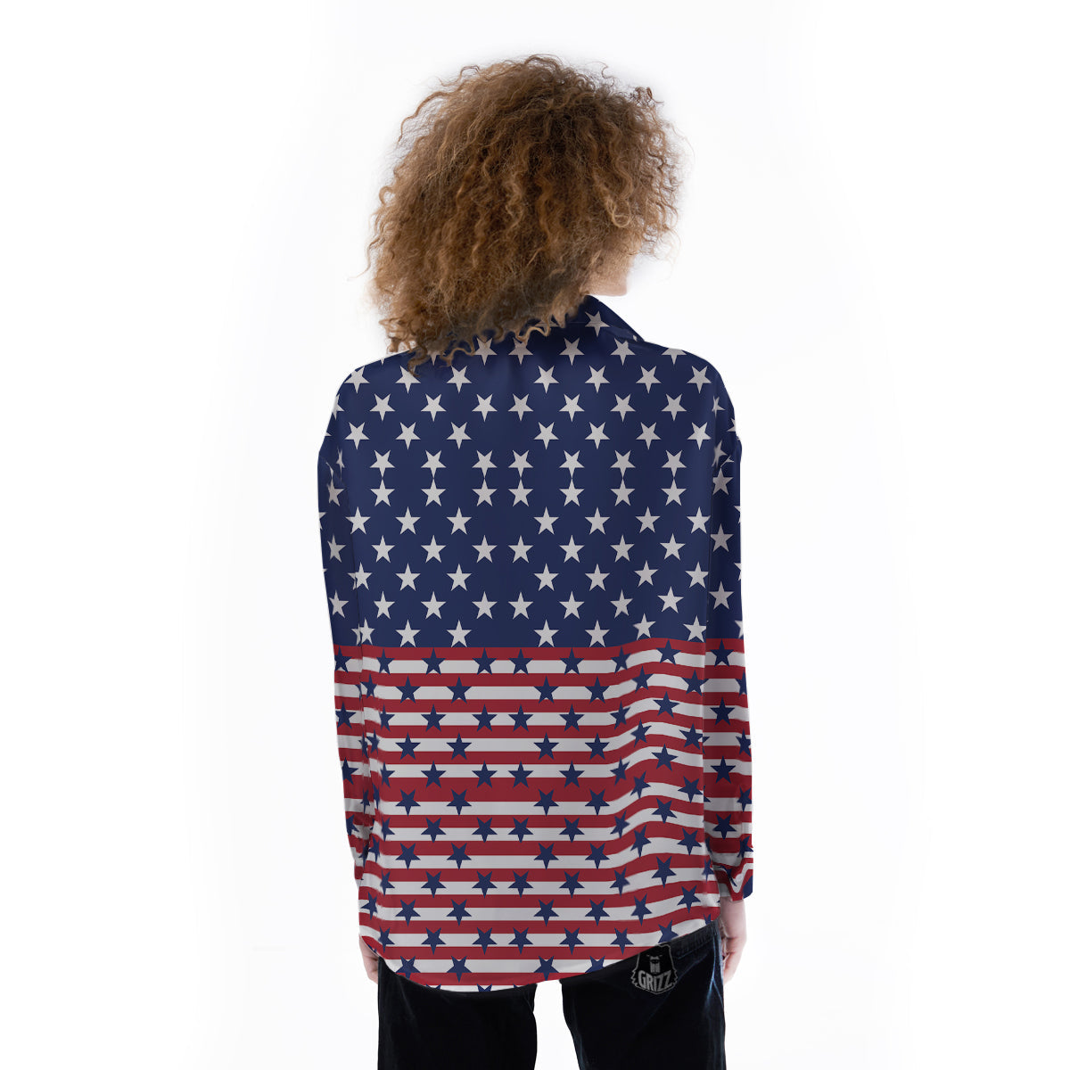 USA Blue And White Star Print Pattern Women's Long Sleeve Shirts-grizzshop