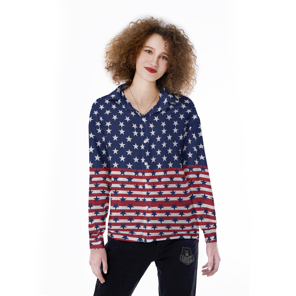 USA Blue And White Star Print Pattern Women's Long Sleeve Shirts-grizzshop