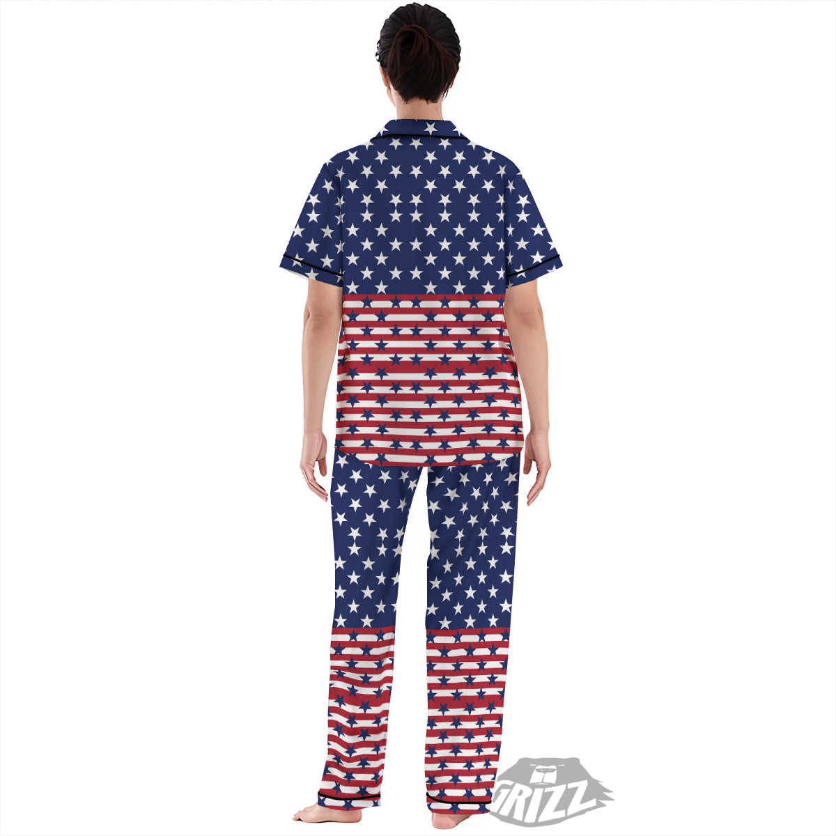 USA Blue And White Star Print Pattern Women's Pajamas Set-grizzshop