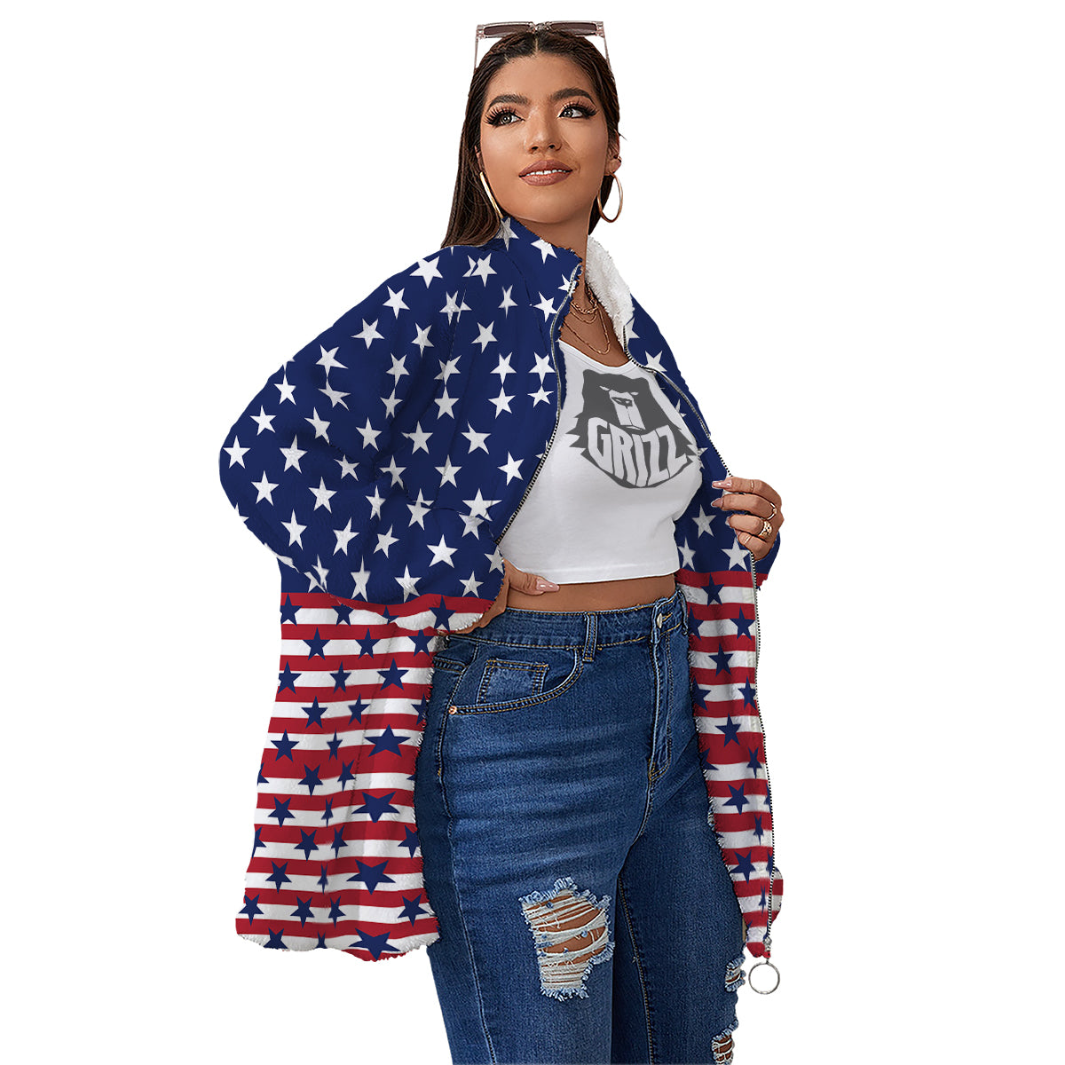 USA Blue And White Star Print Pattern Women's Sherpa Jacket-grizzshop