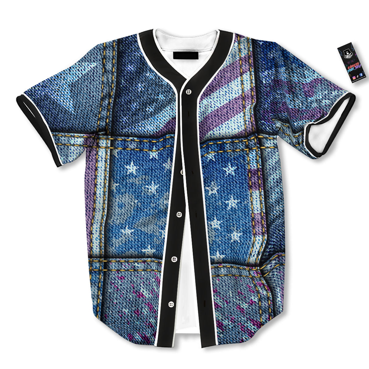 USA Denim Patchwork 4th of July Print Baseball Jersey-grizzshop