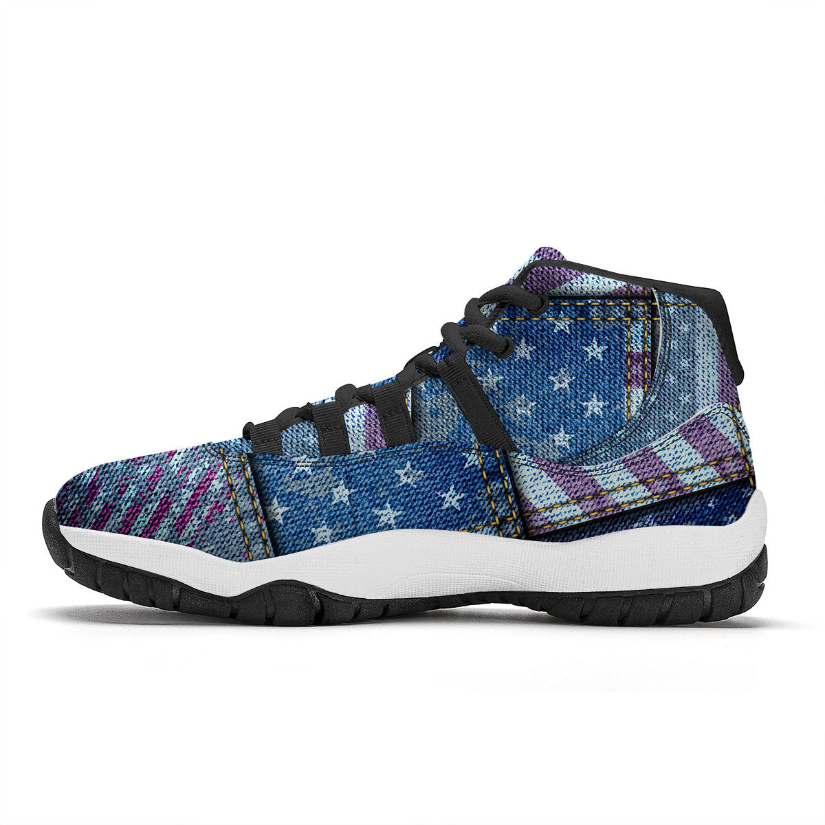 USA Denim Patchwork 4th of July Print Black Bball Shoes-grizzshop