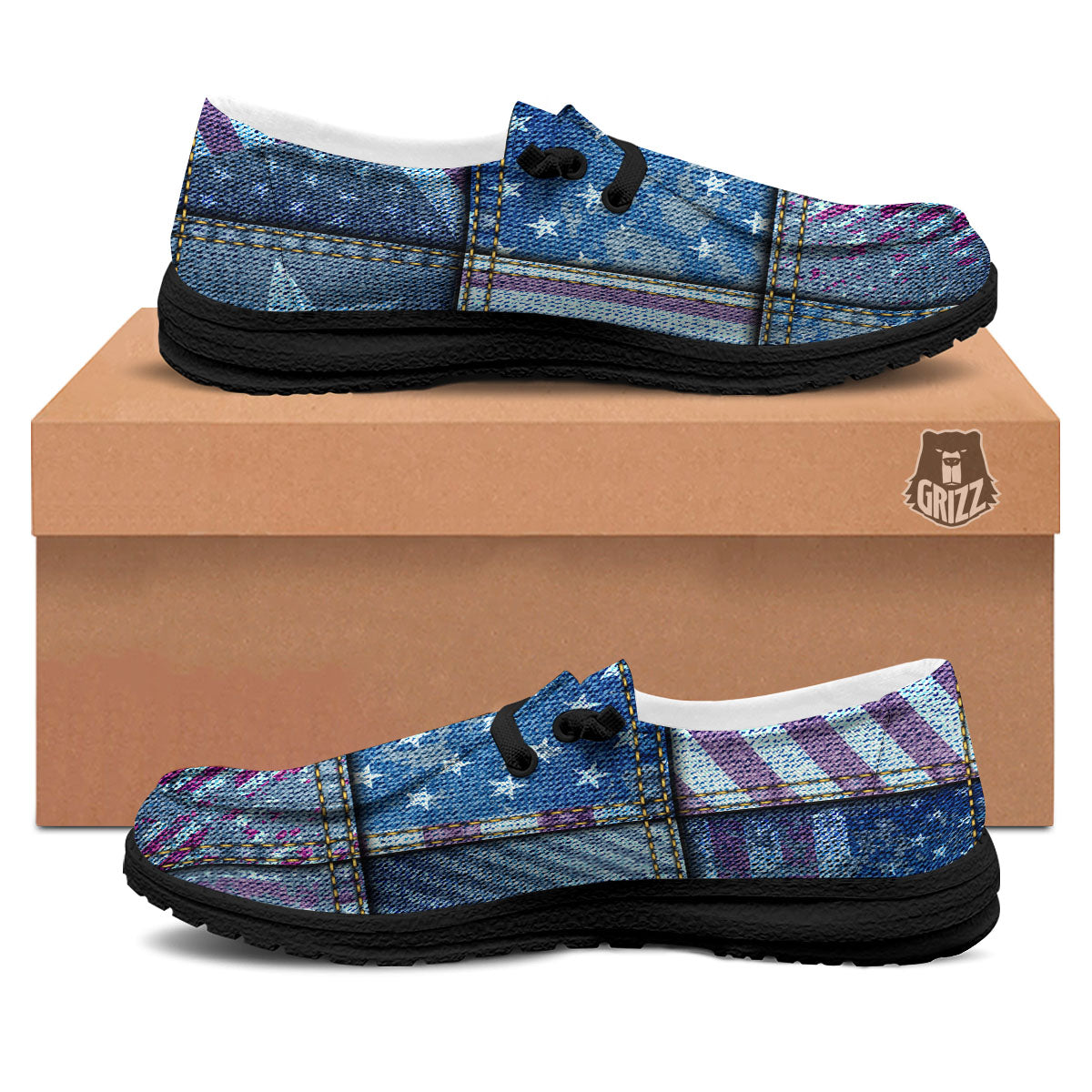 USA Denim Patchwork 4th of July Print Black Loafers-grizzshop