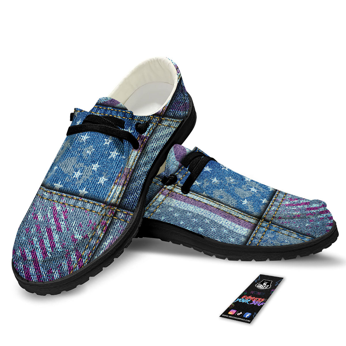 USA Denim Patchwork 4th of July Print Black Loafers-grizzshop