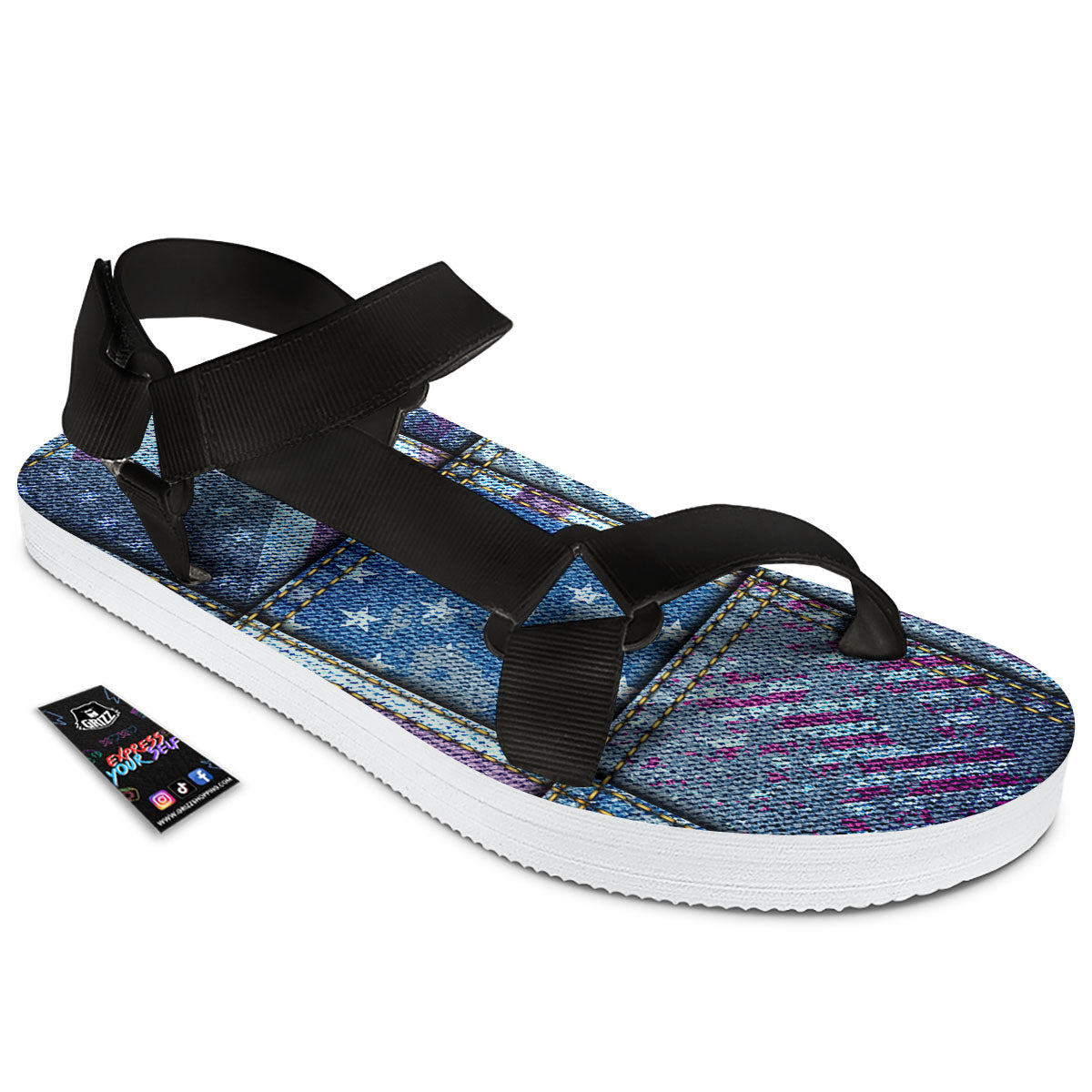 USA Denim Patchwork 4th of July Print Black Open Toe Sandals-grizzshop