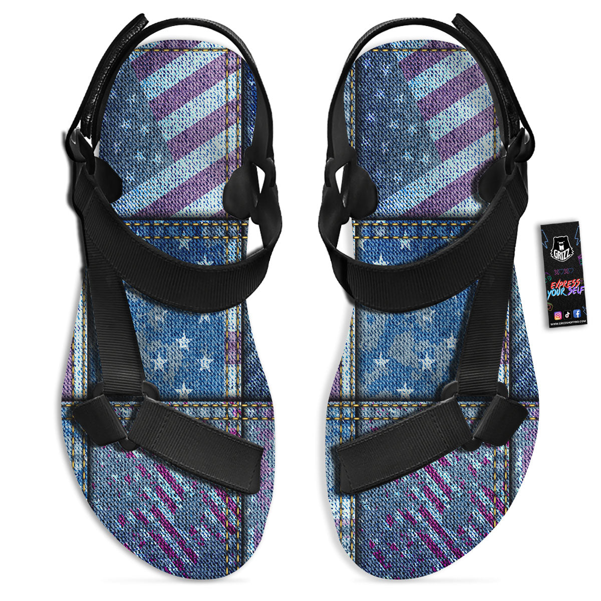 USA Denim Patchwork 4th of July Print Black Open Toe Sandals-grizzshop