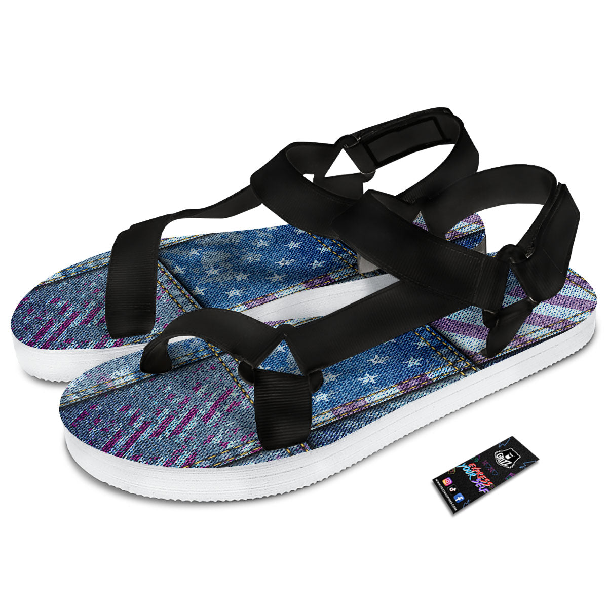 USA Denim Patchwork 4th of July Print Black Open Toe Sandals-grizzshop