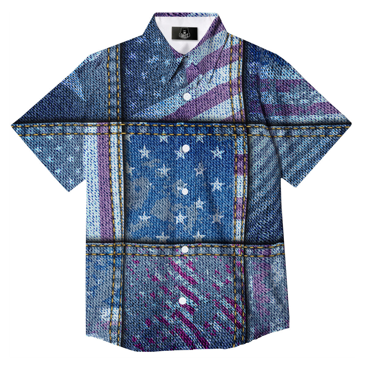 USA Denim Patchwork 4th of July Print Button Up Shirt-grizzshop