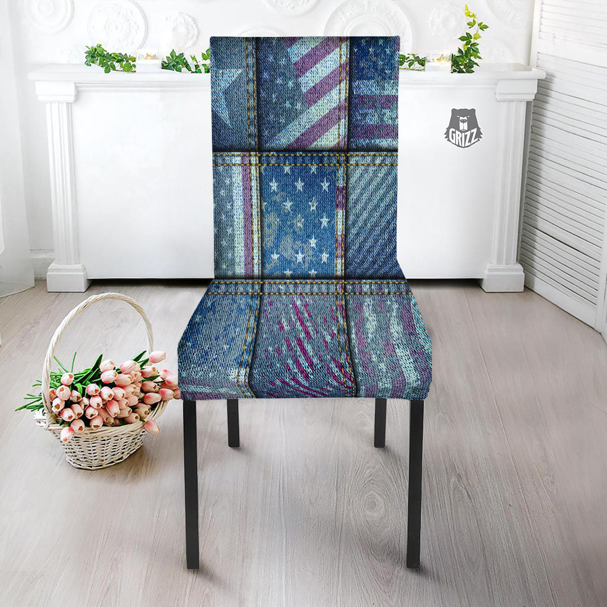 USA Denim Patchwork 4th of July Print Dining Chair Slipcover-grizzshop